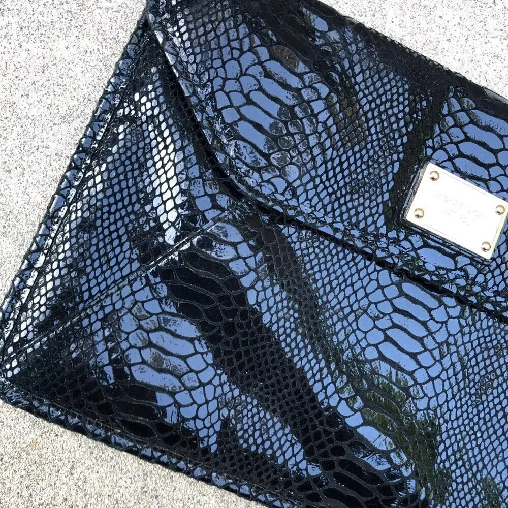 MICHAEL KORS Peyton Python Leather Clutch Purse Envelope Black Designer​​​